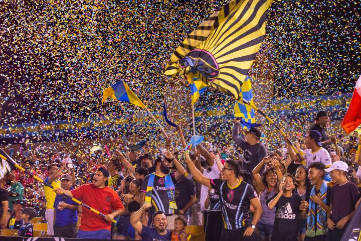 Las Vegas Lights FC fans are bathed in confetti as the team scores over the Portland Timbers 2 ...