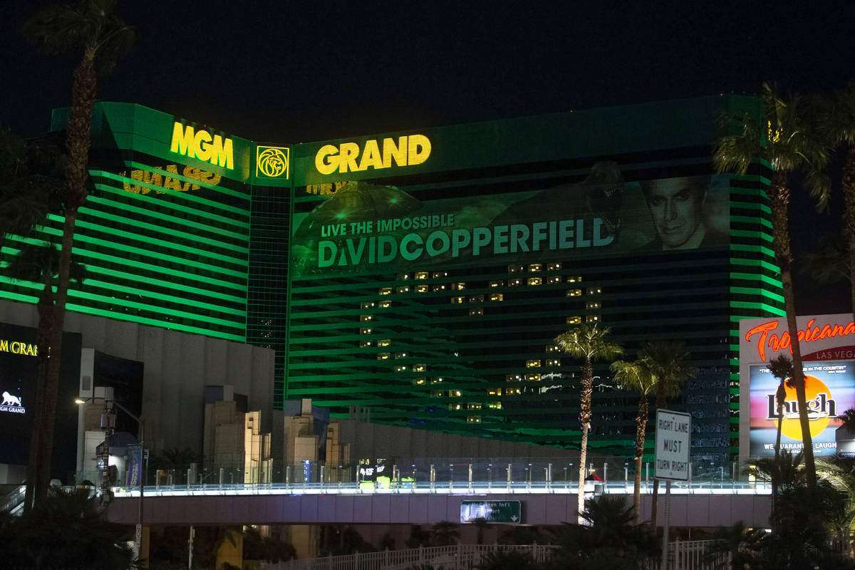 MGM Grand displays signage showing support for Las Vegas during the coronavirus pandemic on Wed ...