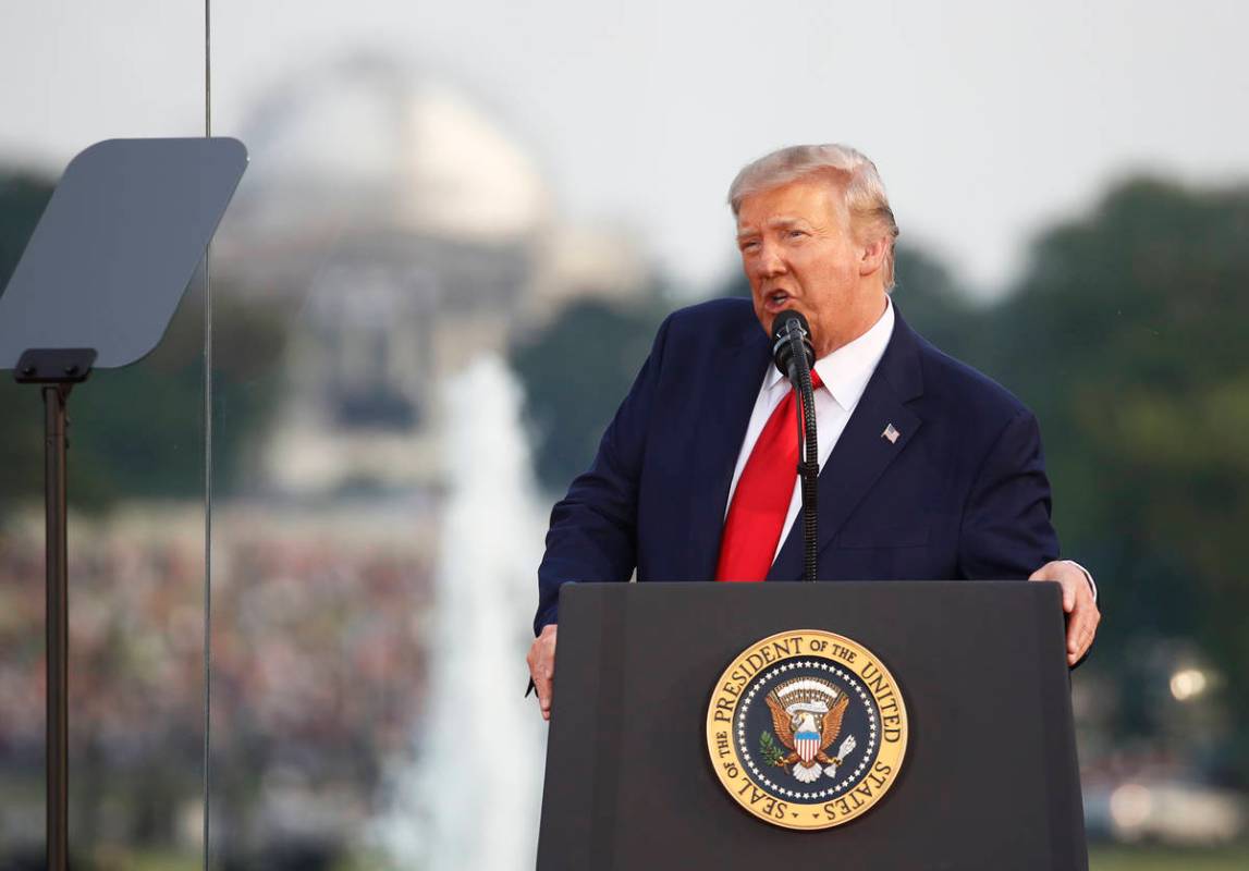 President Donald Trump speaks during a "Salute to America" event on the South Lawn of ...