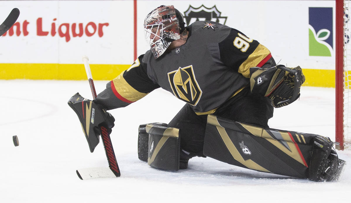 Vegas Golden Knights goaltender Robin Lehner (90) makes a save in the second period during an N ...