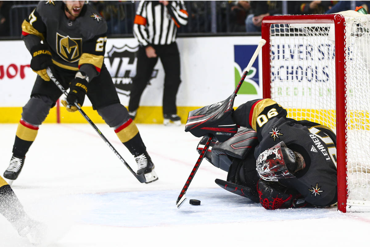 Golden Knights goaltender Robin Lehner (90) stops the puck during the second period of an NHL h ...