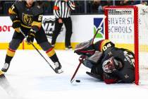 Golden Knights goaltender Robin Lehner (90) stops the puck during the second period of an NHL h ...