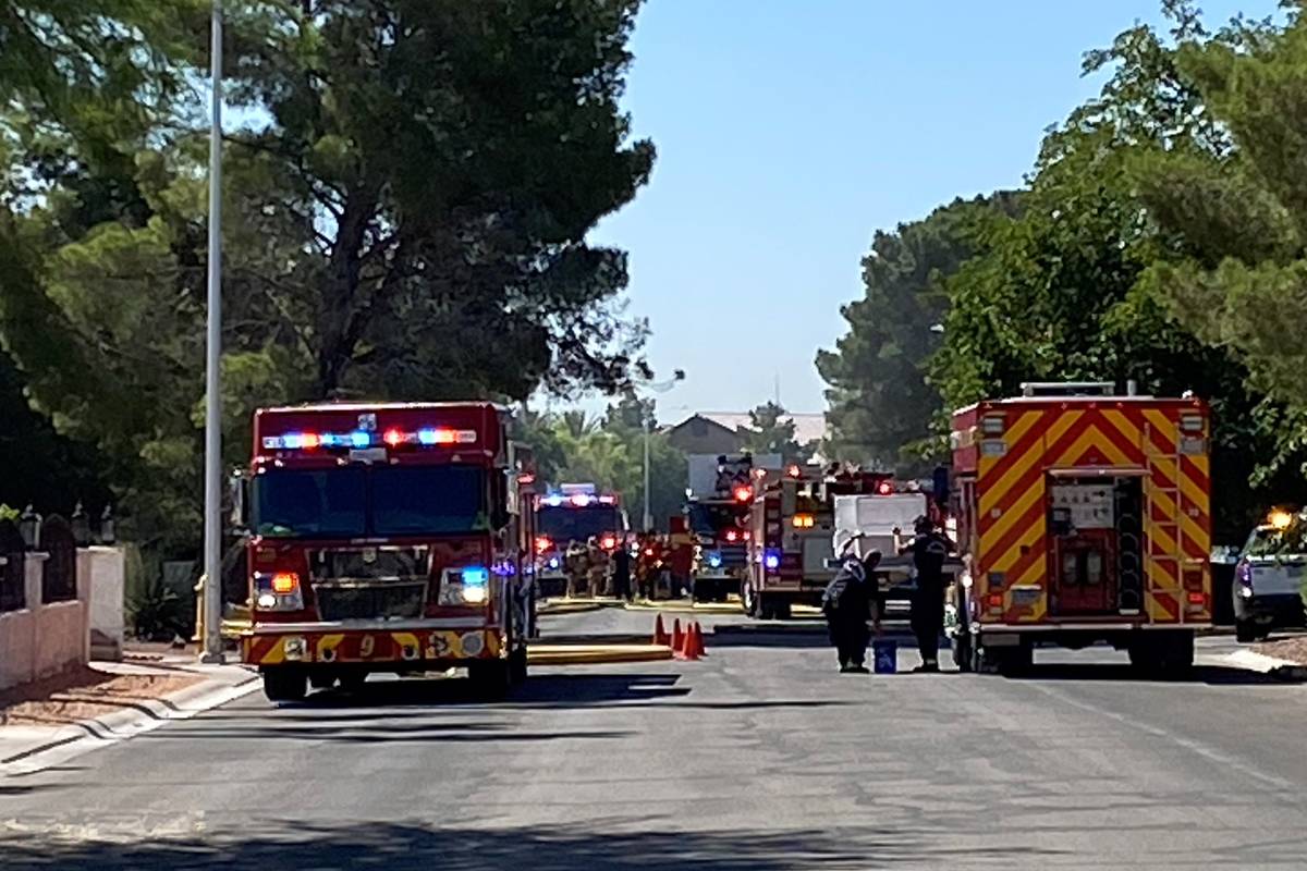 Las Vegas firefighters battle a house fire in 4000 block of Jory Trail on Monday, July 6, 2020. ...