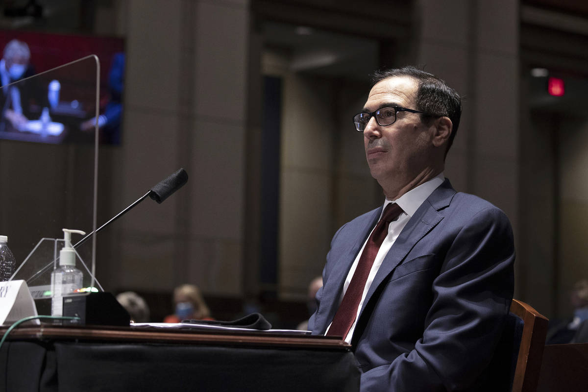 FILE - In this June 30, 2020 file photo, Treasury Secretary Steven Mnuchin testifies during a H ...