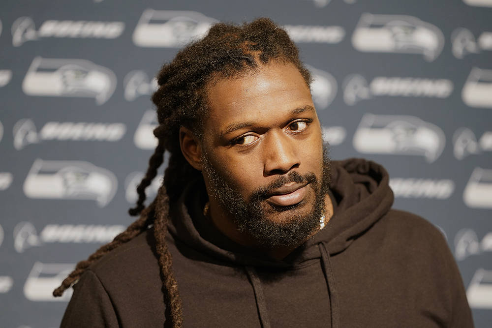 FILE - In this Nov. 11, 2019, file photo, Seattle Seahawks defensive end Jadeveon Clowney speak ...