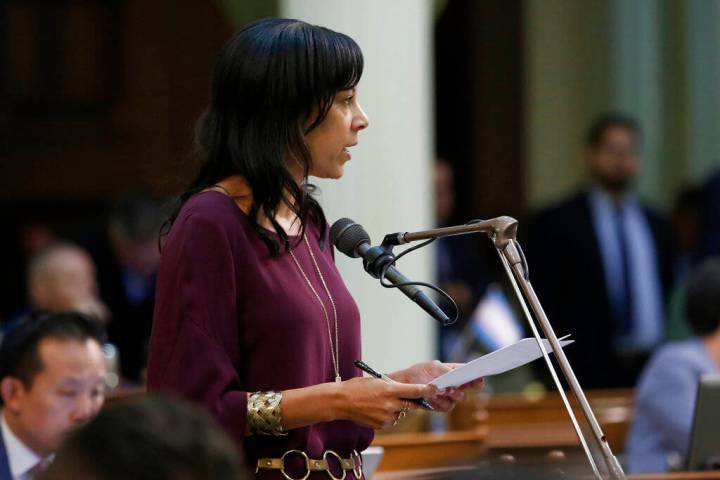 FILE - In this July 11, 2019, file photo, Assemblywoman Autumn Burke, D-Inglewood, calls on law ...