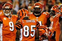Cincinnati Bengals quarterback Carson Palmer, gesters as receiver Chad Johnson (81) looks on du ...