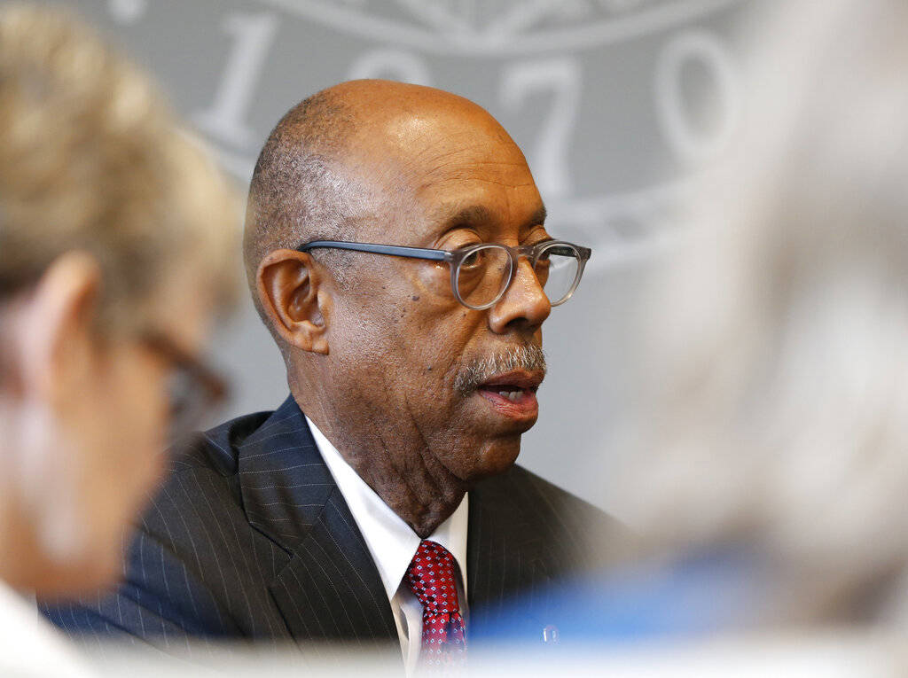 FILE - In this May 17, 2019, file photo, Ohio State University president Michael Drake answers ...