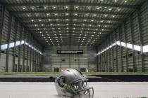 A Raiders helmet sits in one of the end zones in the field house of their Intermountain Healthc ...