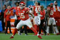 Kansas City Chiefs' quarterback Patrick Mahomes celebrates his touchdown pass to Damien William ...