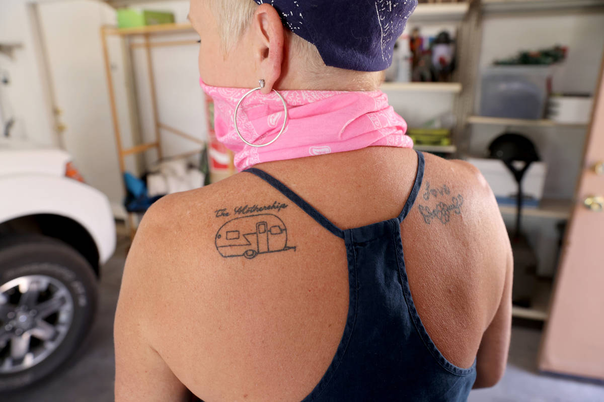 Susy Marsian-Bolduc shows a tattoo of her trailer in her Las Vegas home Thursday, July 9, 2020. ...