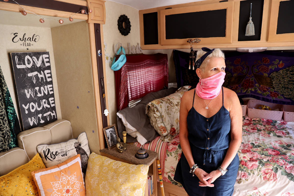 Susy Marsian-Bolduc in her trailer parked at her Las Vegas house Thursday, July 9, 2020. Marsia ...