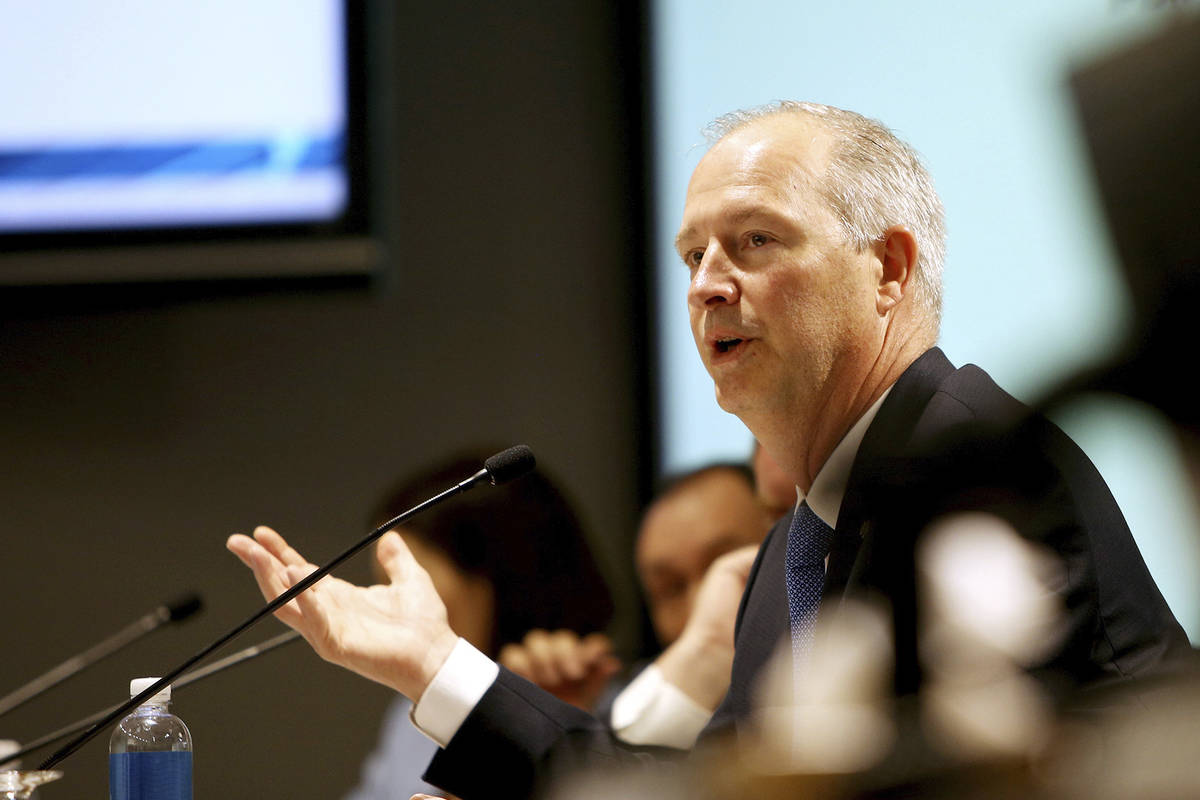 Las Vegas Convention and Visitors Authority CEO Steve Hill talks to board members during a pres ...