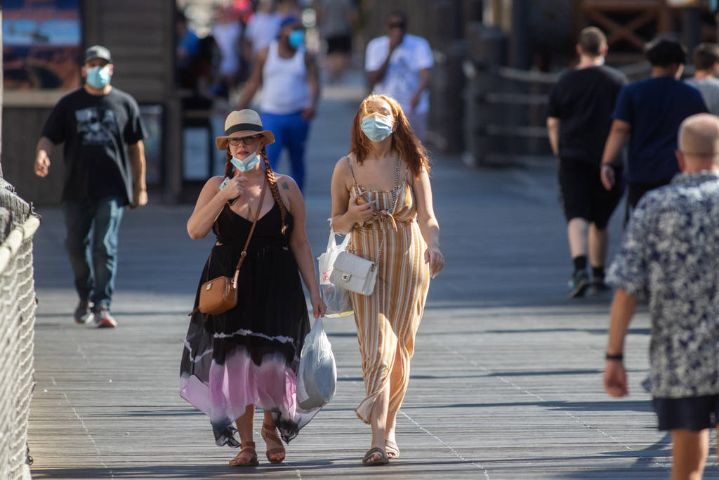 People walk on the Strip in Las Vegas on Friday, July 3, 2020. (Chris Day/Las Vegas Review-Journal)