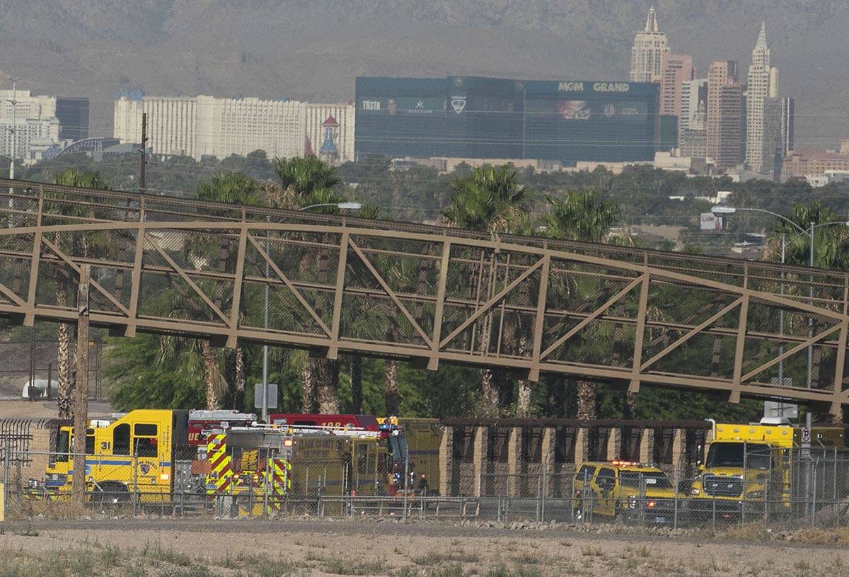 Clark County firefighters were called to a brush fire in east Las Vegas near Royal Links Golf C ...