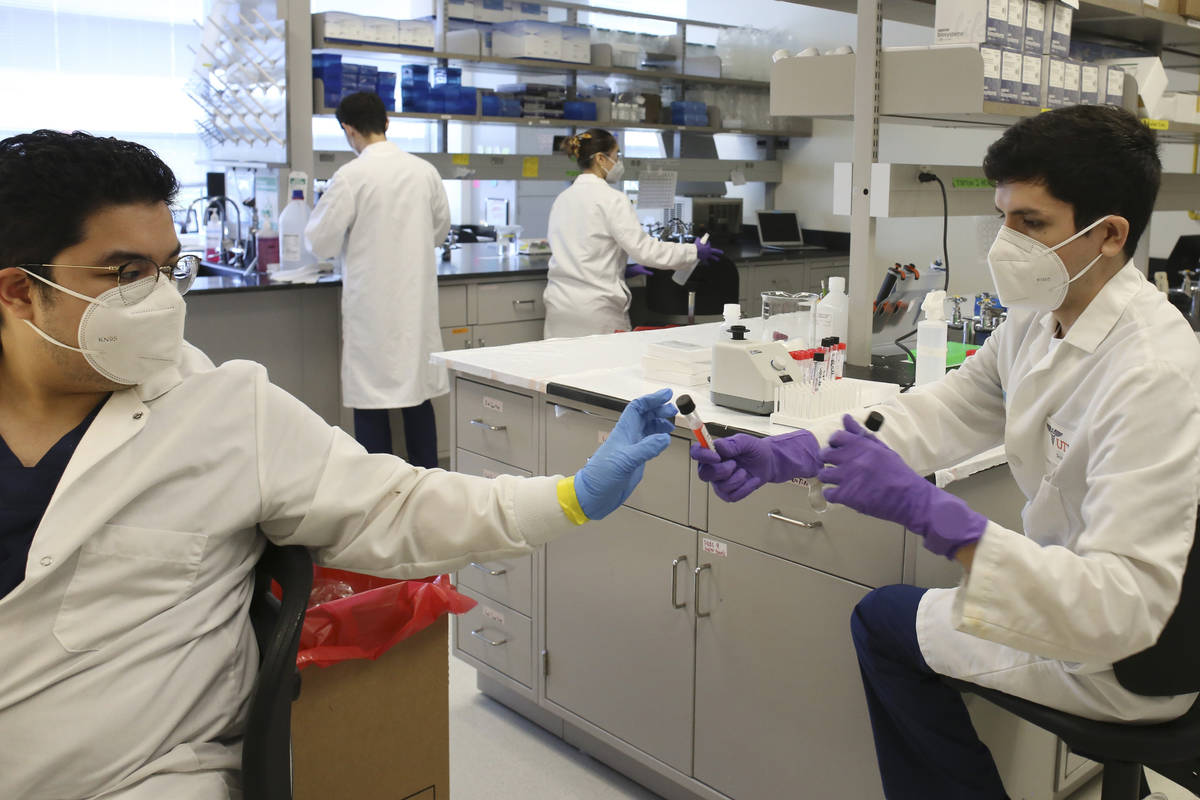 FILE - In this Friday, July 10, 2020 file photo, lab technicians work with COVID-19 testing sam ...