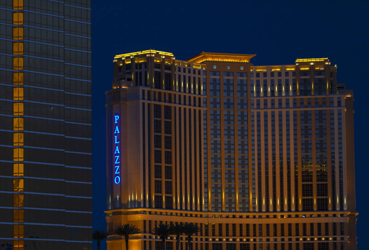 The Palazzo glows blue to celebrate National Nurses Day on Wednesday, May 6, 2020, in Las Vegas ...