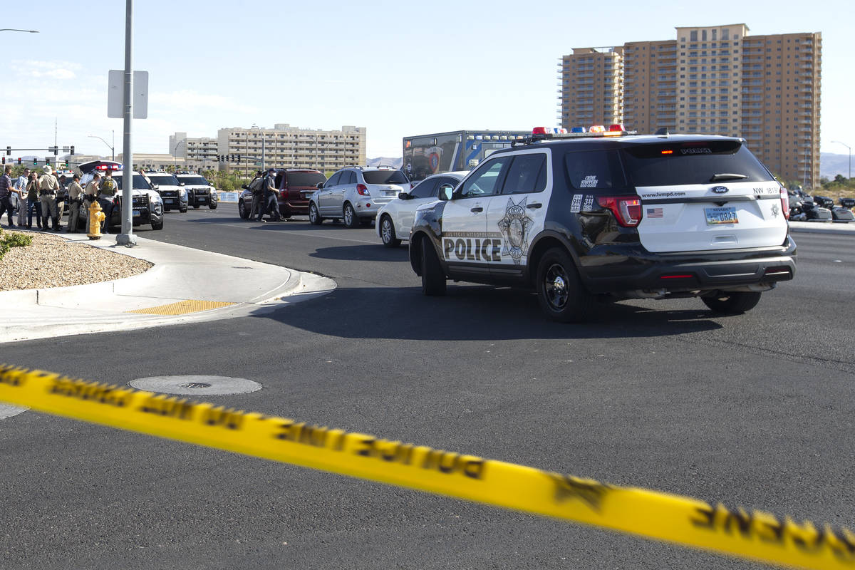 The intersection of South Las Vegas Boulevard and East Windmill Lane is closed following a vall ...