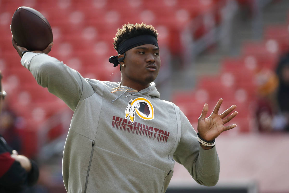 In a Dec. 22, 2019, file photo, Washington Redskins quarterback Dwayne Haskins works out prior ...