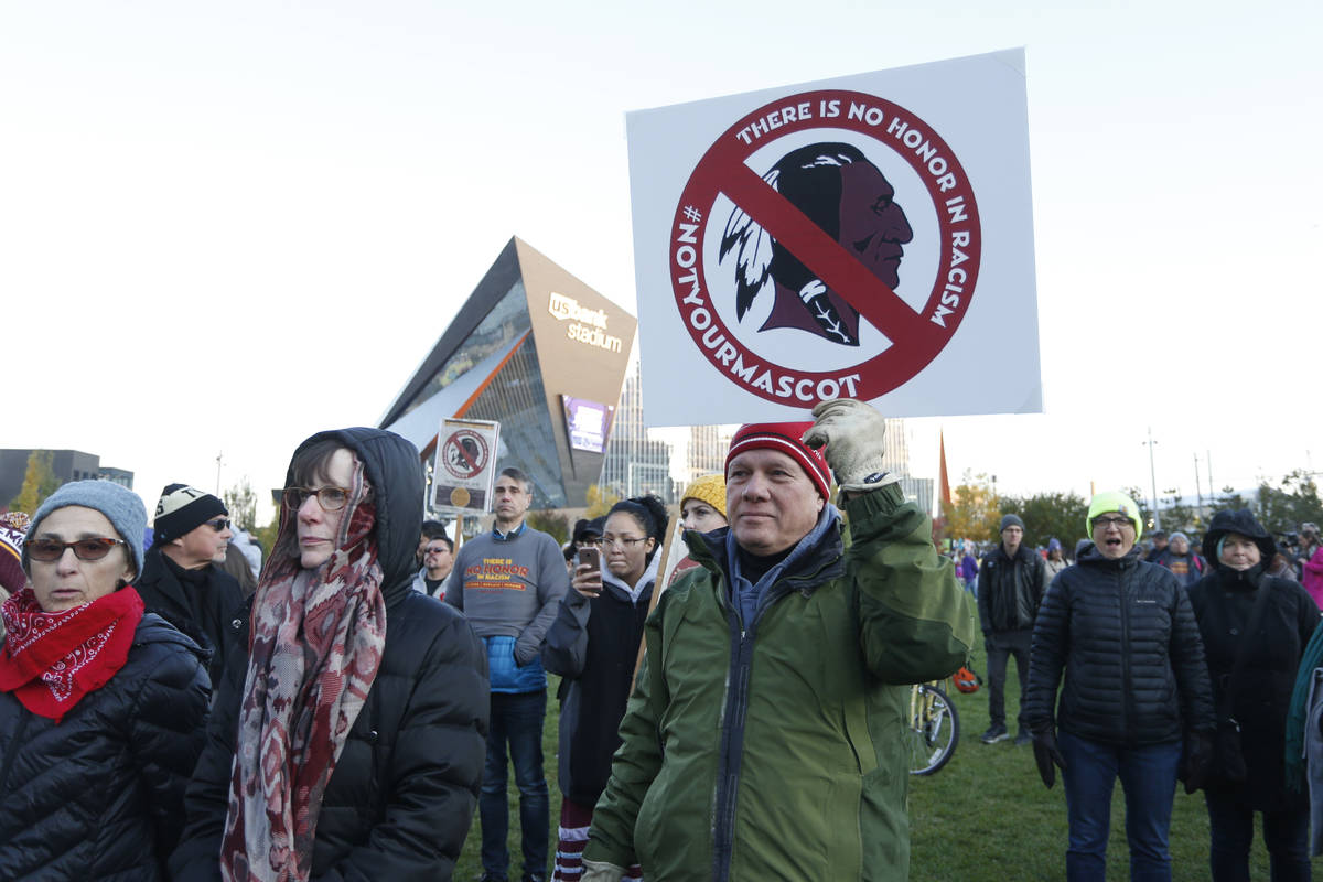 FILE - In this Oct. 24, 2019, file photo, Native American leaders protest against the Redskins ...