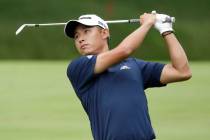 Collin Morikawa hits on the second hole during the final round of the Workday Charity Open golf ...