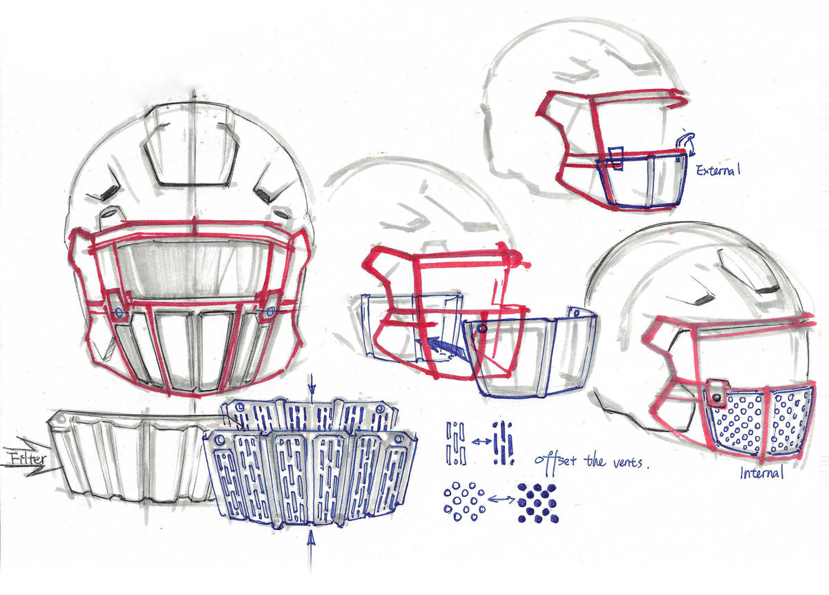 This image provided by Oakley shows sketches of the new face shield designed by Oakley. With NF ...