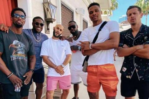 Russell Westbrook, second from right, is shown at Encore Beach Club at Wynn Las Vegas with Jai ...