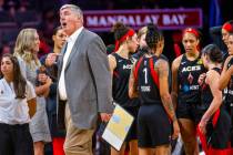 Las Vegas Aces head coach Bill Laimbeer tells officials his team should have the ball versus th ...