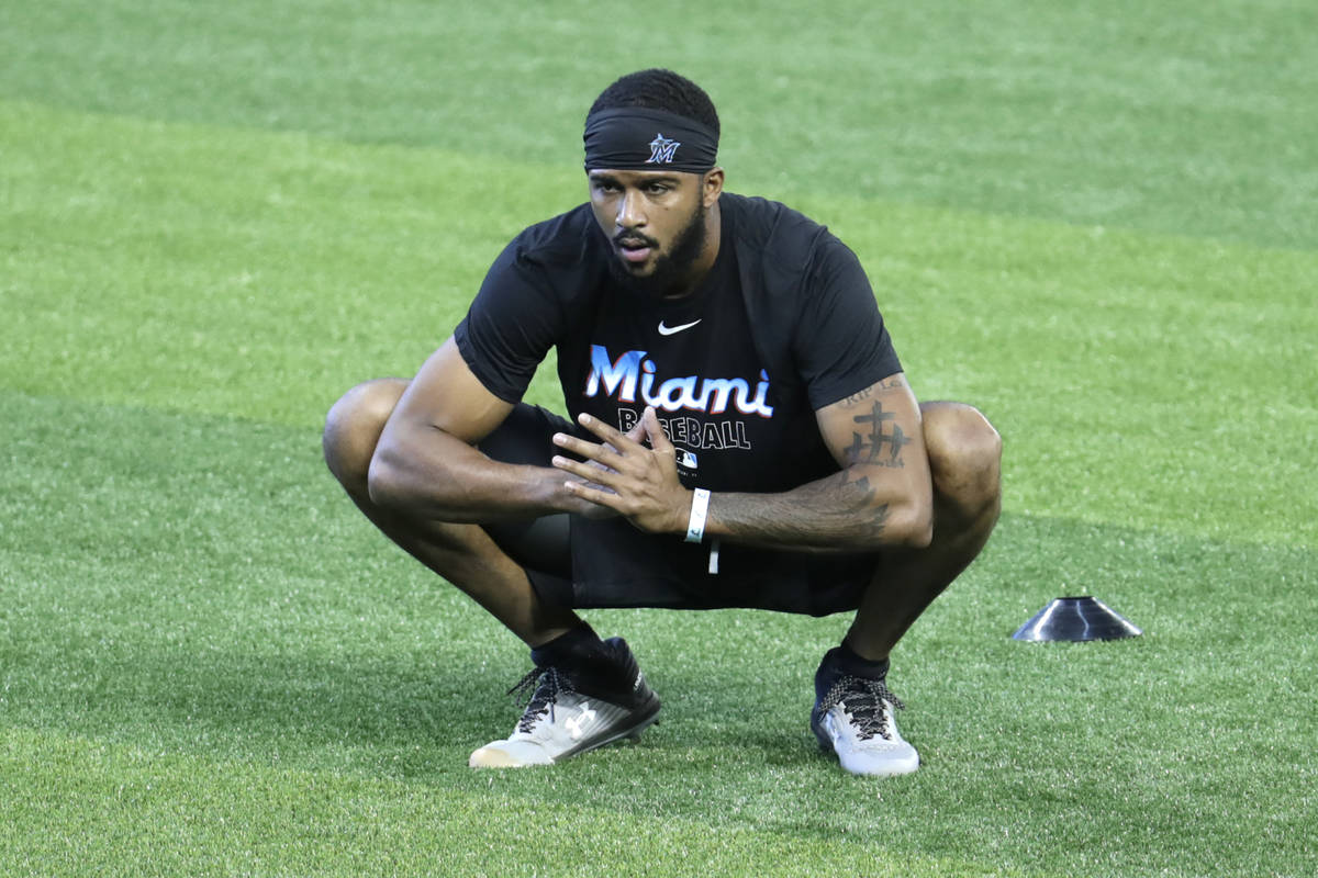In this July 3, 2020, file photo, Miami Marlins starting pitcher Sandy Alcantara stretches duri ...