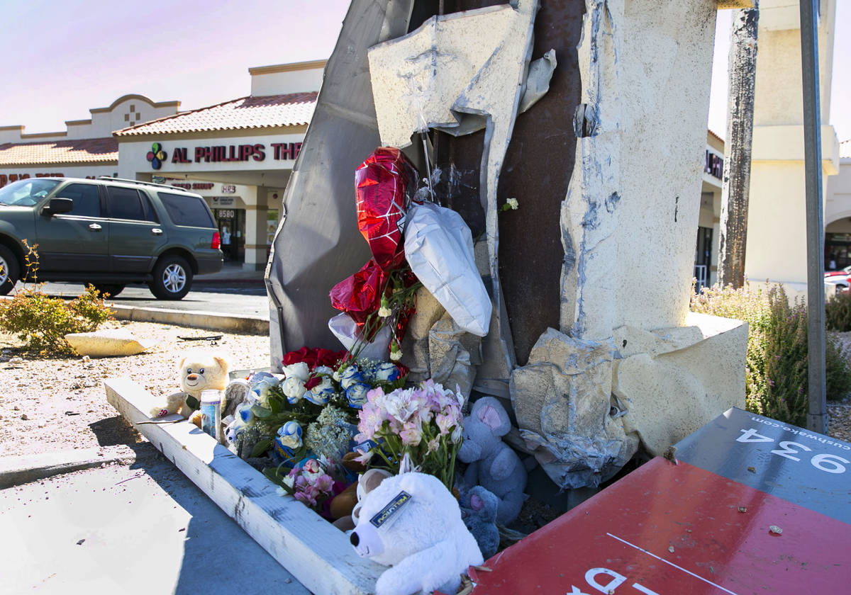 A makeshift roadside memorial at Rampart and Lake Mead Boulevards on Tuesday, July 14, 2020, wh ...