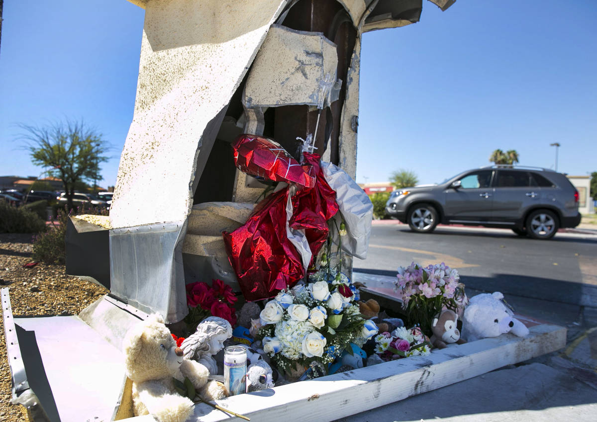 A makeshift roadside memorial at Rampart and Lake Mead Boulevards on Tuesday, July 14, 2020, wh ...