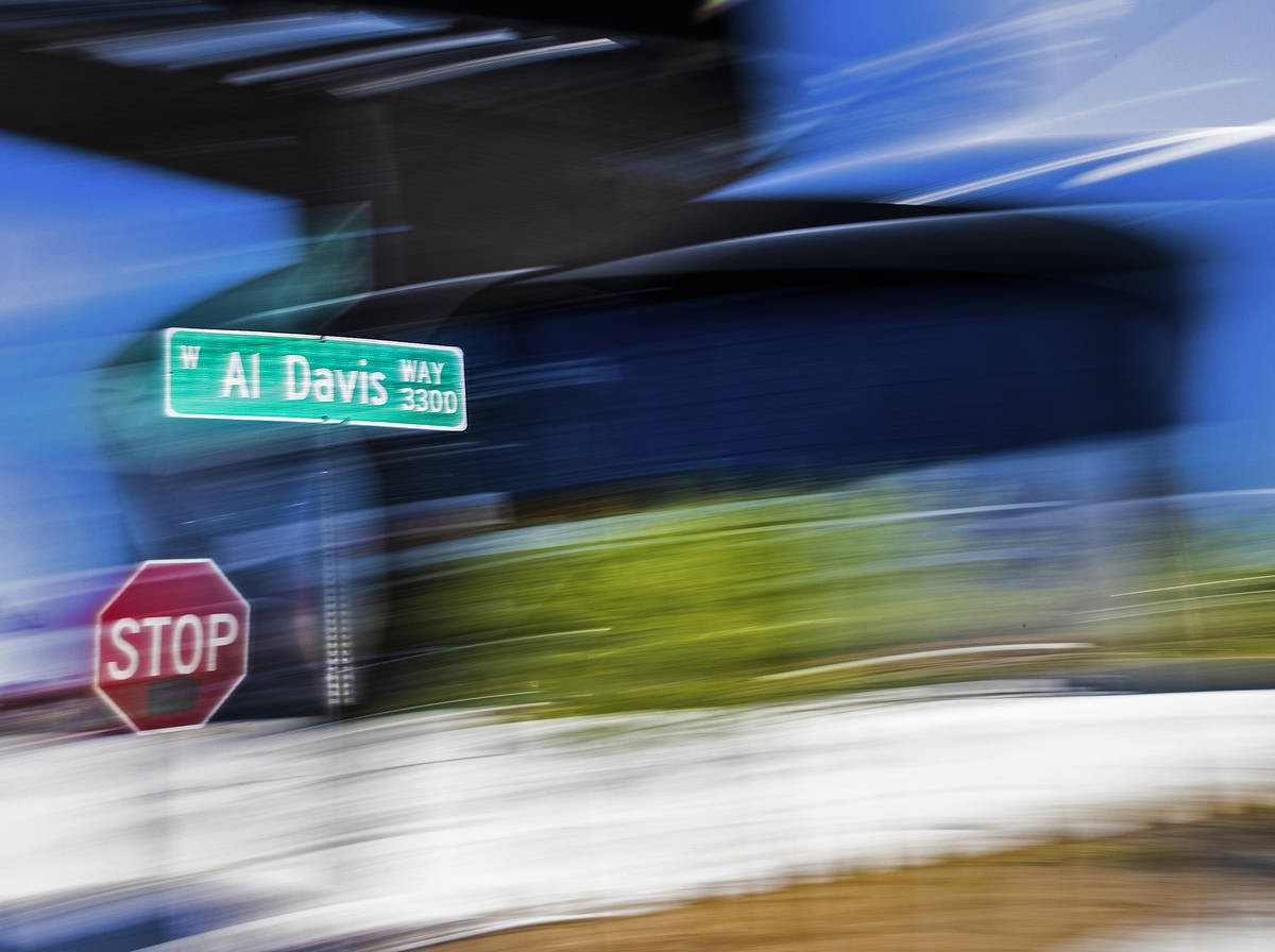 The sign for Al Davis Way at Dean Martin Drive recently went up outside Allegiant Stadium. Phot ...