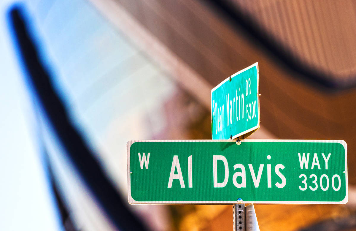 The sign for Al Davis Way at Dean Martin Drive recently went up outside Allegiant Stadium. Phot ...