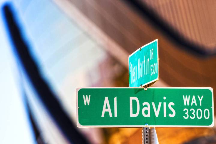 The sign for Al Davis Way at Dean Martin Drive recently went up outside Allegiant Stadium. Phot ...