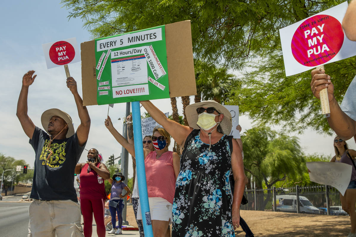 Some PUA filers protest their plight on Friday, June 12, 2020 in front of the Grant Sawyer Stat ...