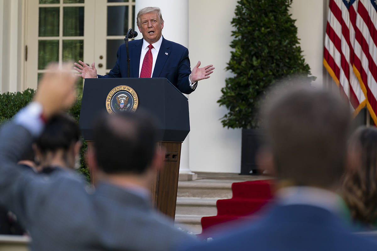 President Donald Trump speaks during a news conference in the Rose Garden of the White House, T ...