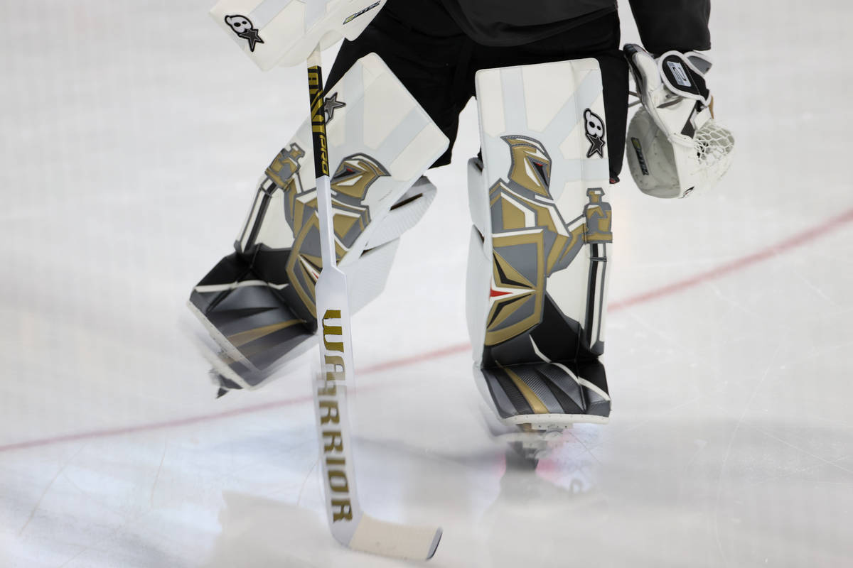 The pads of Vegas Golden Knights goaltender Robin Lehner (90) during a team practice at City Na ...