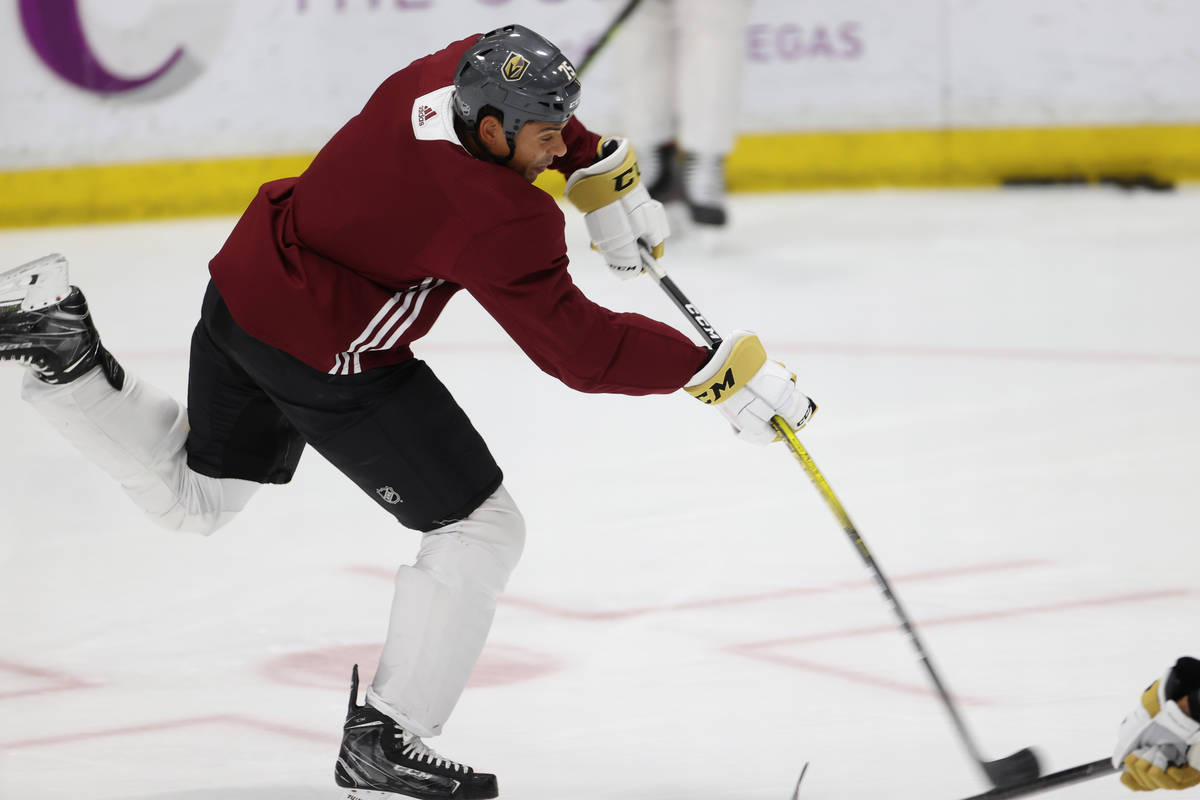 Vegas Golden Knights right wing Ryan Reaves (75) takes a shot at the goal during a team practic ...
