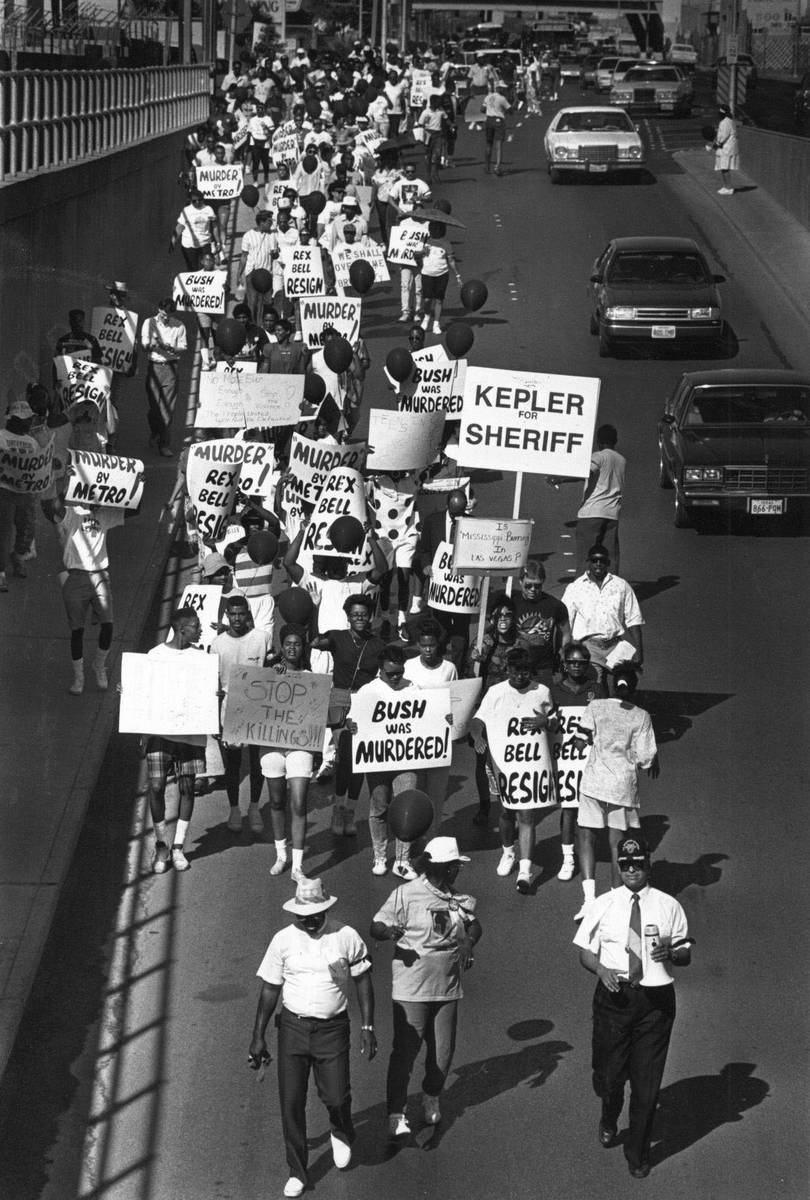Demonstrators march on Sept. 3, 1990, in Las Vegas against the chokehold death of Charles Bush. ...