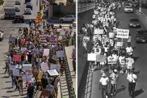 A Black Lives Matter protest in Las Vegas in 2020, left, and demonstrators march in 1990 in Las ...