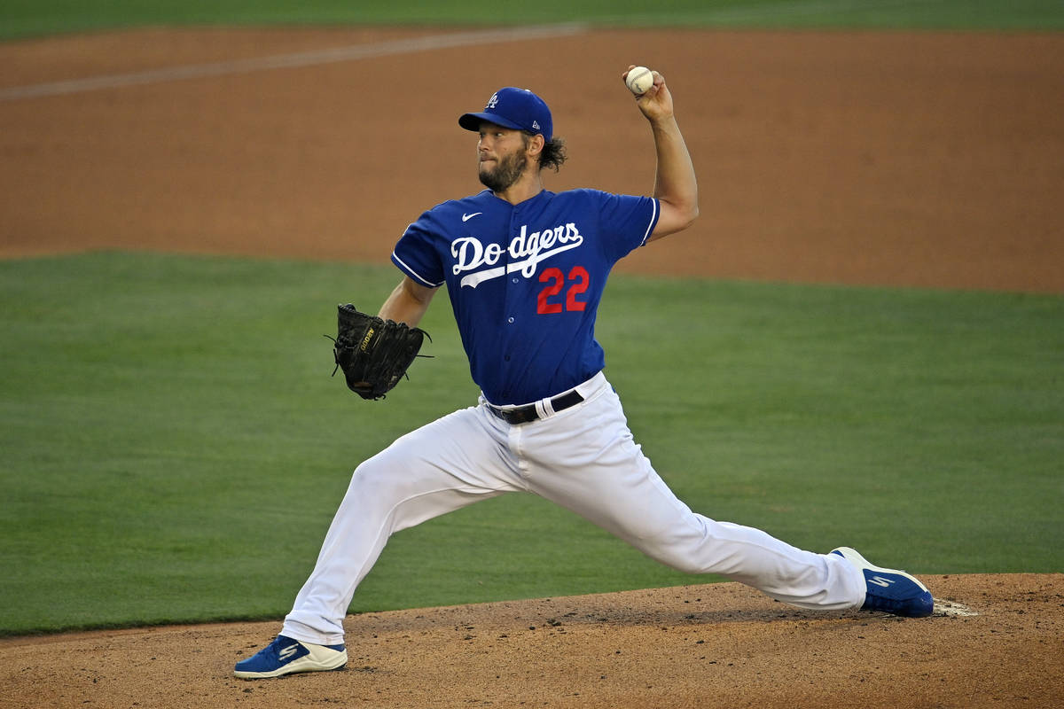 Los Angeles Dodgers starting pitcher Clayton Kershaw throws to the plate during intrasquad play ...
