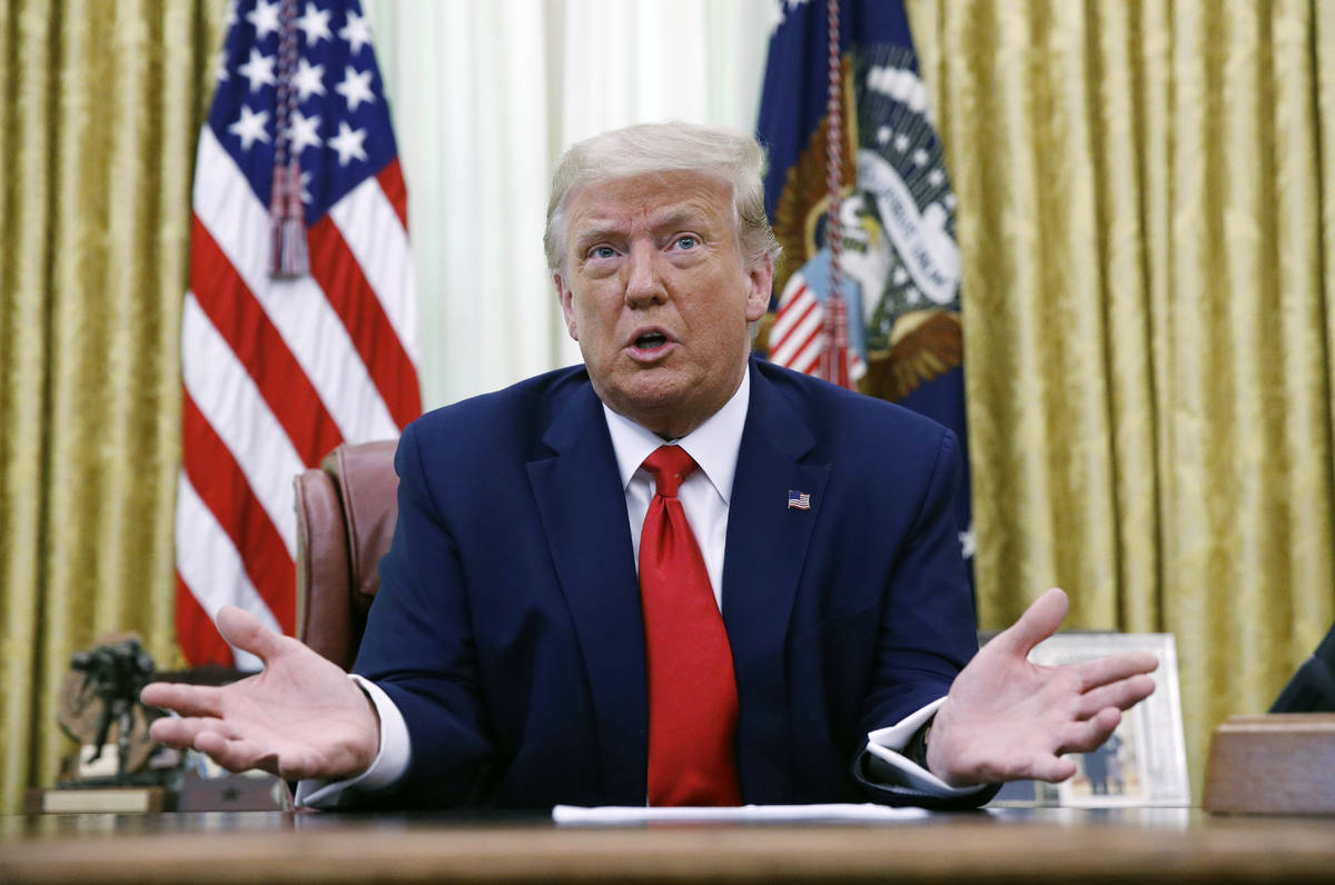 President Donald Trump speaks during a law enforcement briefing in the Oval Office of the White ...