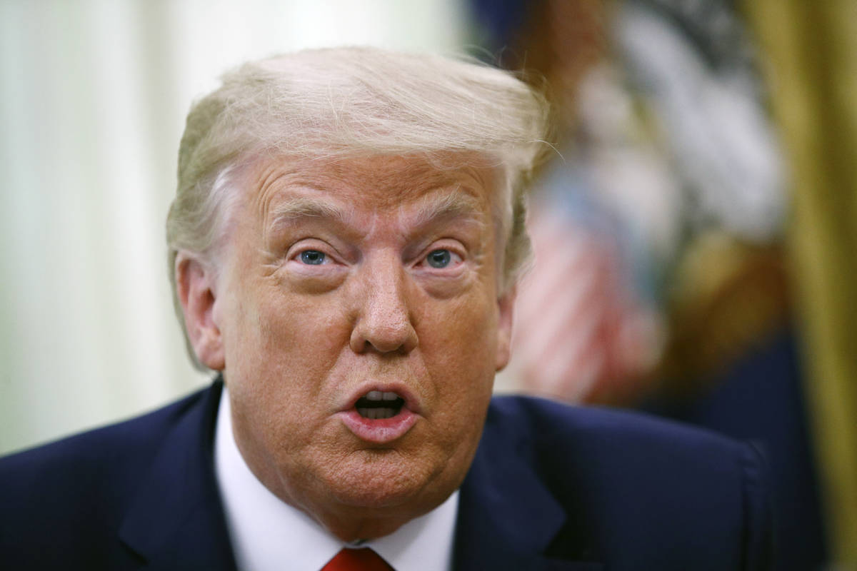 President Donald Trump speaks during a law enforcement briefing in the Oval Office of the White ...