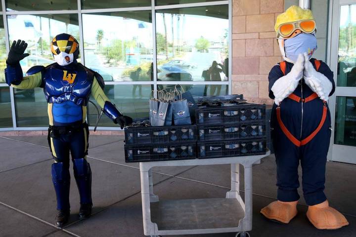 Las Vegas Aviators mascots Spruce and Aviator donate baseball swag at Summerlin Hospital Medica ...