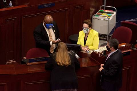From left, Nevada Speaker of the Assembly Jason Frierson, Assemblywoman Maggie Carlton, Chief ...