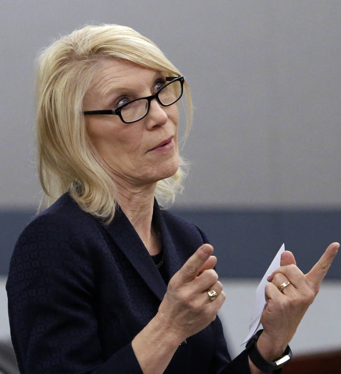 Attorney Alice Denton, representing the Route 91 Harvest festival shooting victims, speaks at t ...