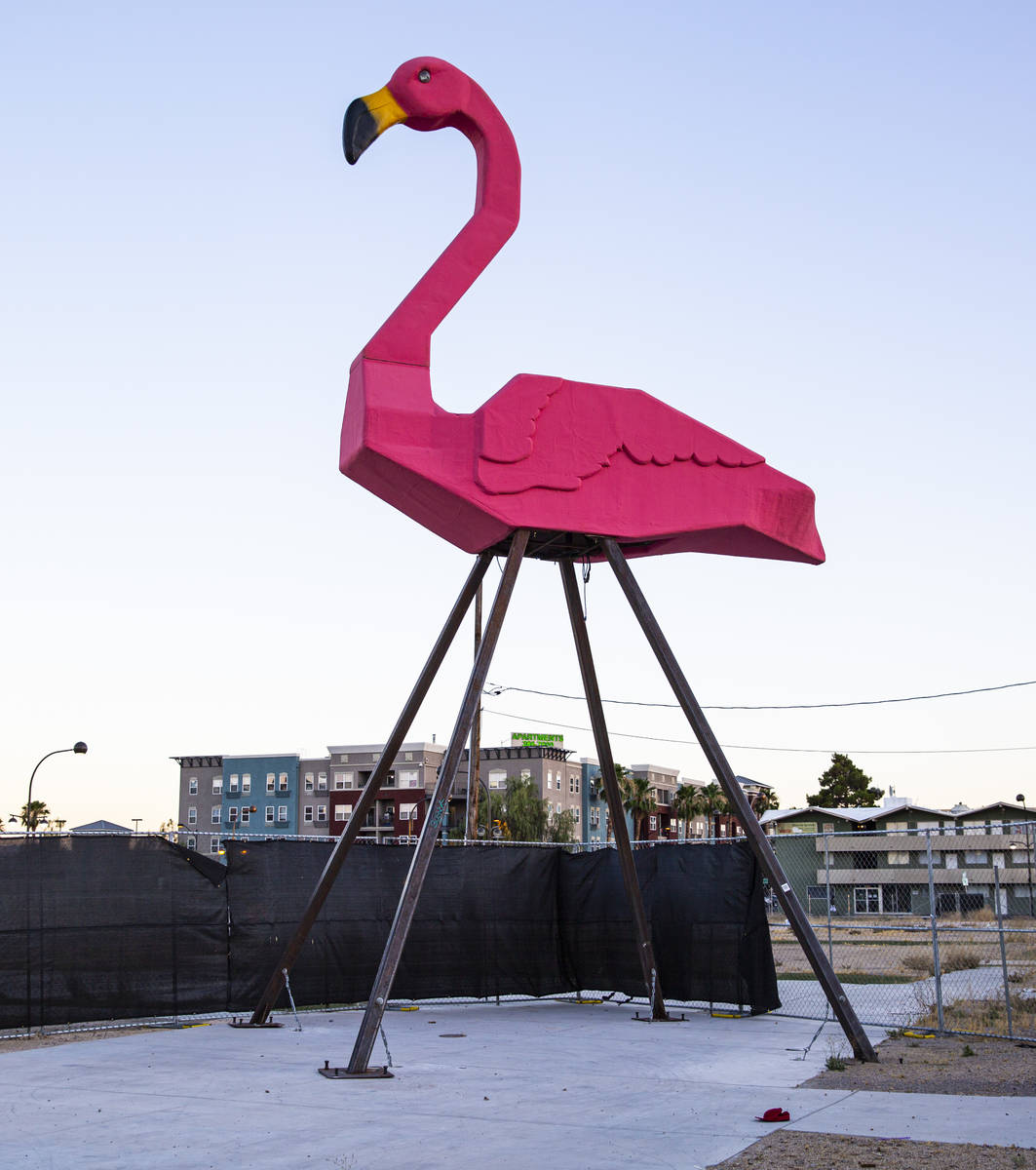 Phoenicopterus Rex, a giant replica of a pink plastic lawn flamingo standing 40 feet tall, in d ...