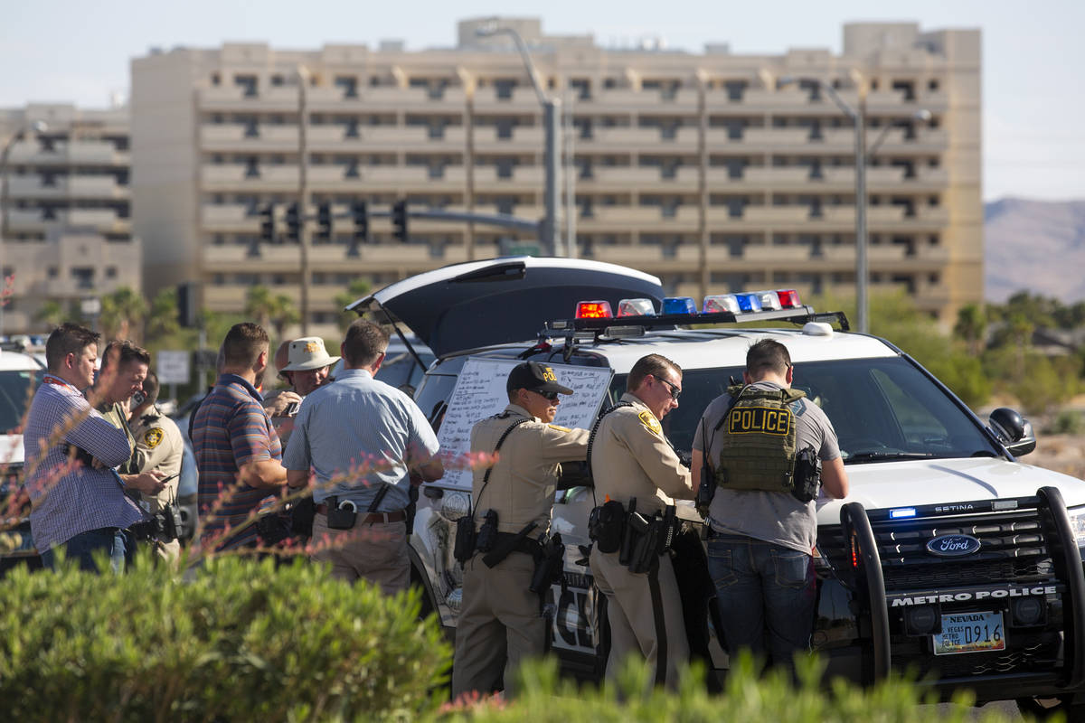 The intersection of South Las Vegas Boulevard and East Windmill Lane is closed following a vall ...