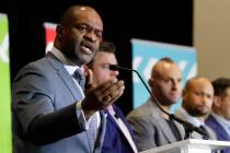 NFL Players Association Executive director DeMaurice Smith speaks at the annual state of the un ...