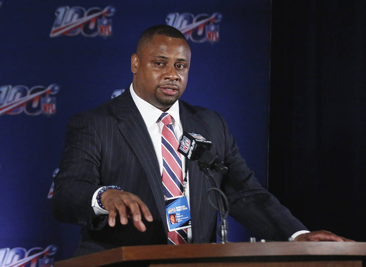 FILE - In this May 22, 2019, file photo, NFL vice president Troy Vincent speaks to the media du ...